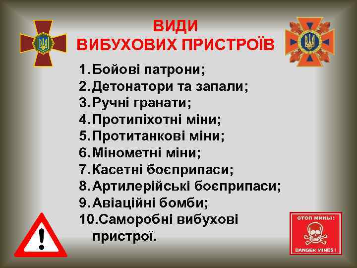 ВИДИ ВИБУХОВИХ ПРИСТРОЇВ 1. Бойові патрони; 2. Детонатори та запали; 3. Ручні гранати; 4.
