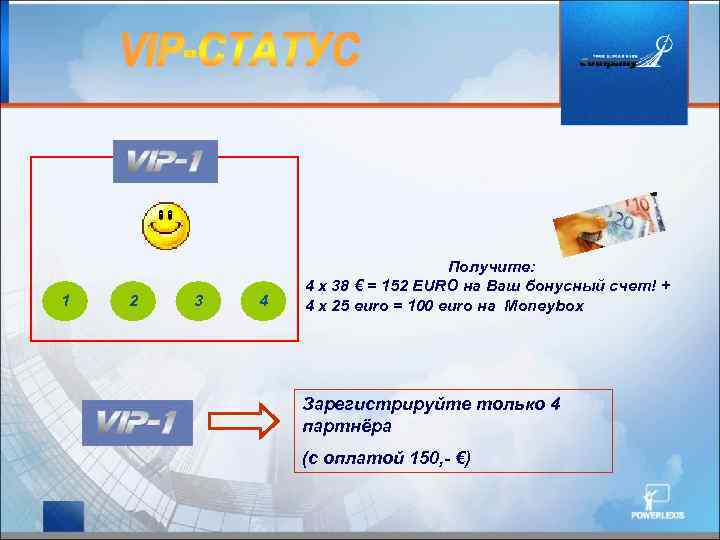 1 2 3 4 Получите: 4 x 38 € = 152 EURO на Ваш