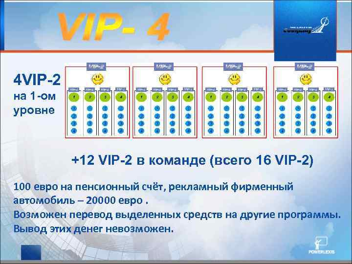 4 VIP-2 на 1 -ом уровне +12 VIP-2 в команде (всего 16 VIP-2) 100