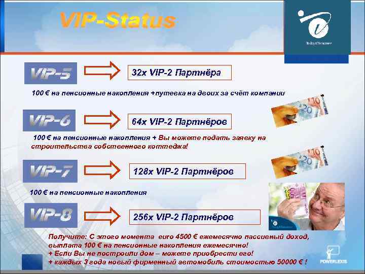 32 x VIP-2 Партнёра 100 € на пенсионные накопления +путевка на двоих за счёт