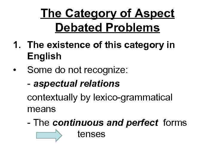 The Category of Aspect Debated Problems 1. The existence of this category in English