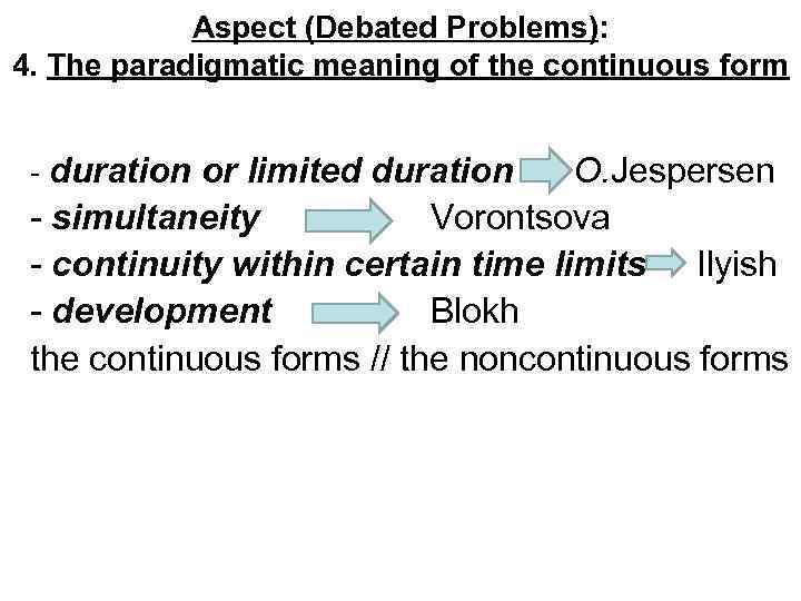 Aspect (Debated Problems): 4. The paradigmatic meaning of the continuous form - duration or