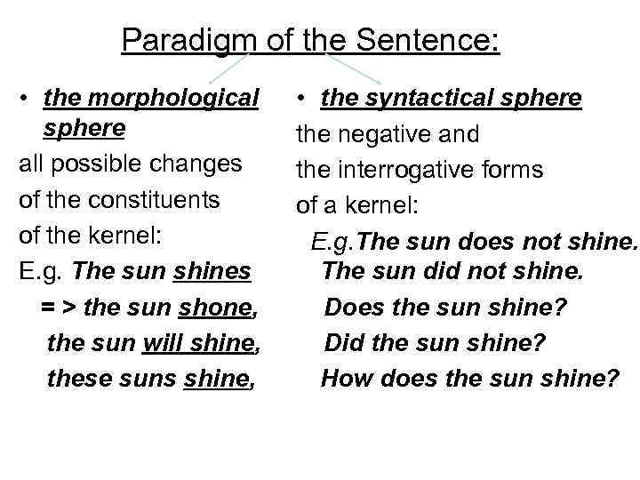 Paradigm of the Sentence: • the morphological sphere all possible changes of the constituents
