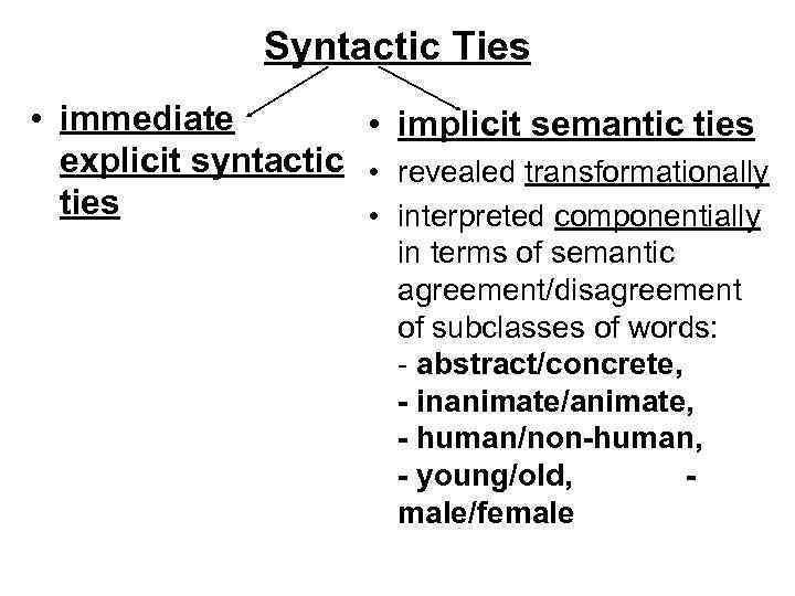 Syntactic Ties • immediate • implicit semantic ties explicit syntactic • revealed transformationally ties