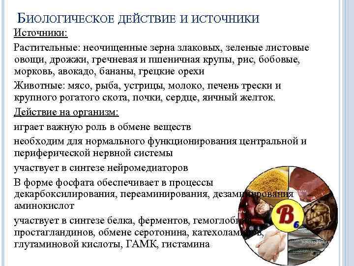 БИОЛОГИЧЕСКОЕ ДЕЙСТВИЕ И ИСТОЧНИКИ Источники: Растительные: неочищенные зерна злаковых, зеленые листовые овощи, дрожжи, гречневая