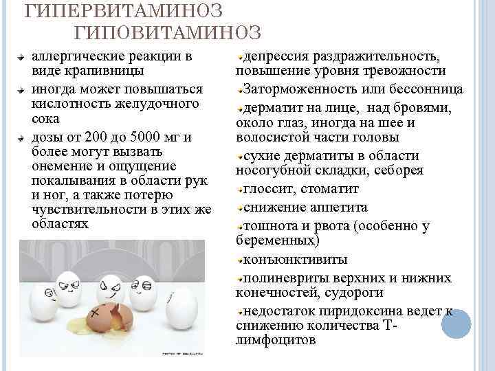 ГИПЕРВИТАМИНОЗ ГИПОВИТАМИНОЗ аллергические реакции в виде крапивницы иногда может повышаться кислотность желудочного сока дозы
