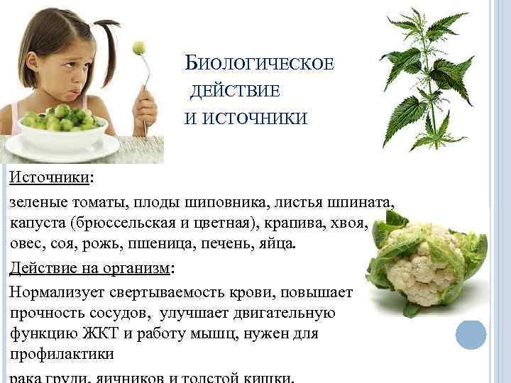 БИОЛОГИЧЕСКОЕ ДЕЙСТВИЕ И ИСТОЧНИКИ Источники: зеленые томаты, плоды шиповника, листья шпината, капуста (брюссельская и