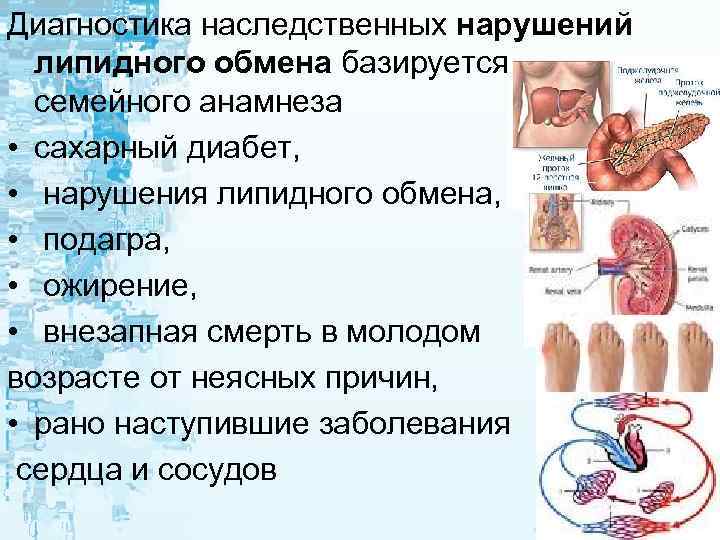Диагностика наследственных нарушений липидного обмена базируется на данных семейного анамнеза • сахарный диабет, •