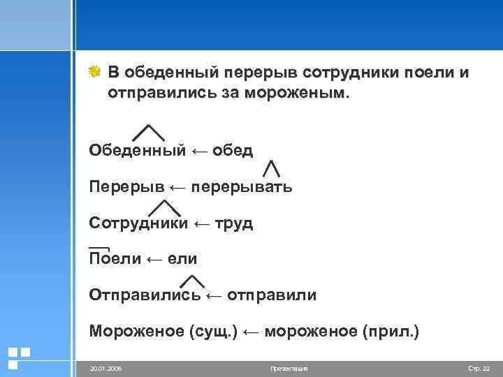 В обеденный перерыв сотрудники поели и отправились за мороженым. Обеденный ← обед Перерыв ←