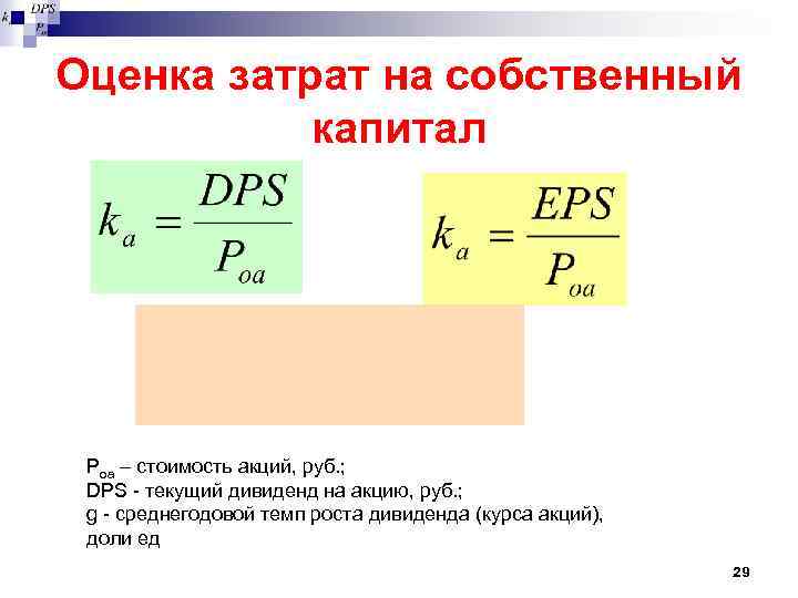 Оценка затрат на собственный капитал Роа – стоимость акций, руб. ; DPS - текущий