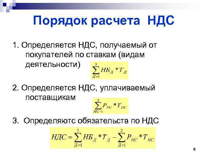 Порядок расчета НДС 1. Определяется НДС, получаемый от покупателей по ставкам (видам деятельности) 2.