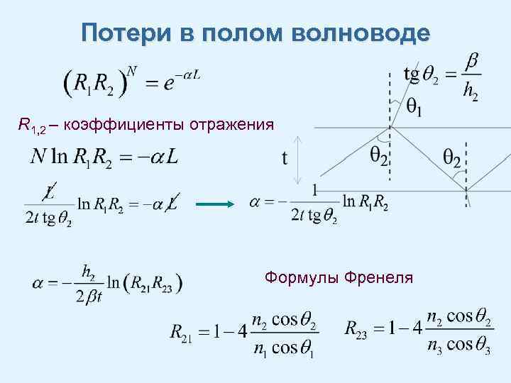 Критическая длина волновода. Мощность волновода. Коэффициент фазы в волноводе. Коэффициент затухания в прямоугольном волноводе. Коэффициент отражения волны в волноводе.