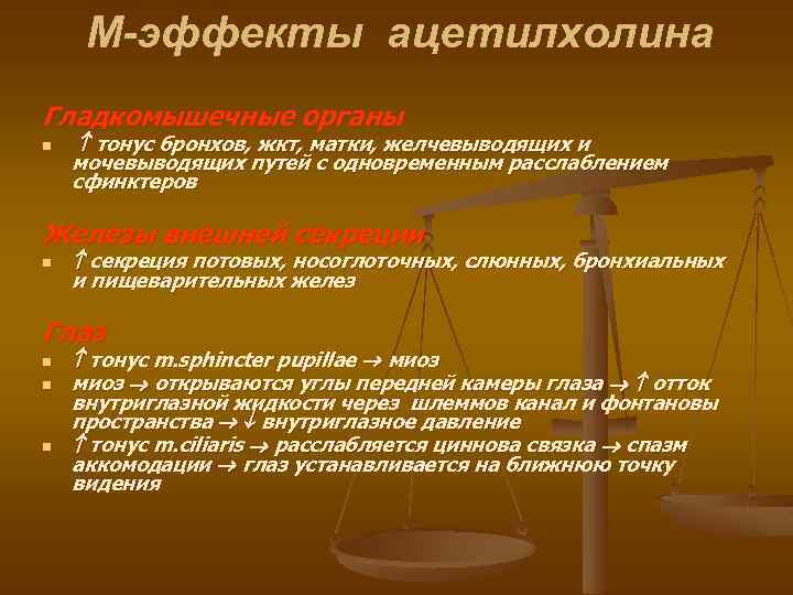 М-эффекты ацетилхолина Гладкомышечные органы n тонус бронхов, жкт, матки, желчевыводящих и мочевыводящих путей с