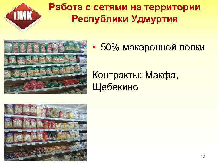 Работа с сетями на территории Республики Удмуртия • 50% макаронной полки Контракты: Макфа, Щебекино