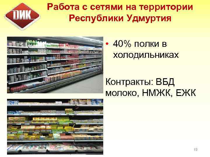 Работа с сетями на территории Республики Удмуртия • 40% полки в холодильниках Контракты: ВБД