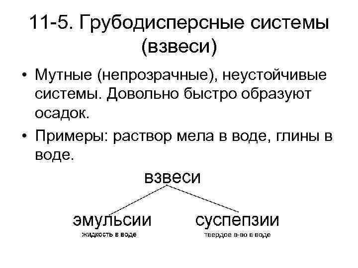 11 -5. Грубодисперсные системы (взвеси) • Мутные (непрозрачные), неустойчивые системы. Довольно быстро образуют осадок.