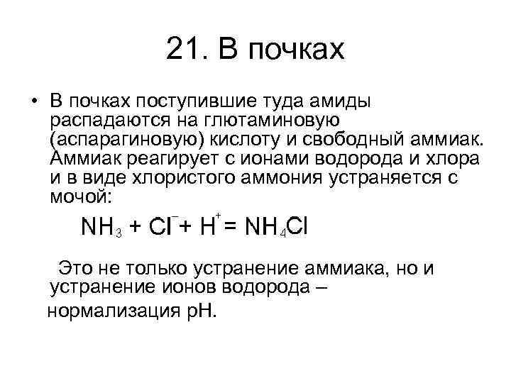 21. В почках • В почках поступившие туда амиды распадаются на глютаминовую (аспарагиновую) кислоту