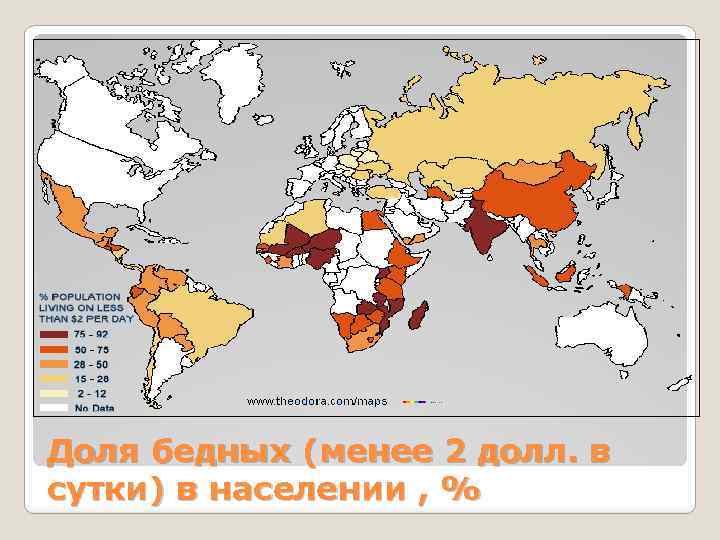 Доля бедных (менее 2 долл. в сутки) в населении , % 