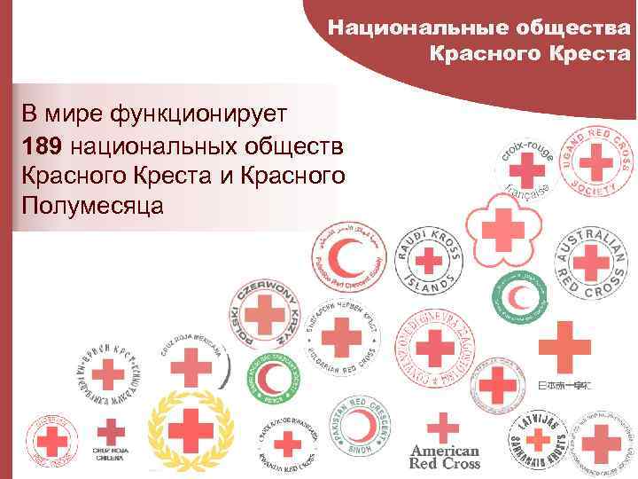 Национальные общества Красного Креста В мире функционирует 189 национальных обществ Красного Креста и Красного
