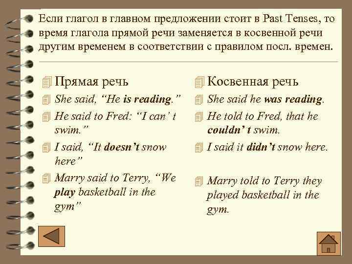 Если глагол в главном предложении стоит в Past Tenses, то время глагола прямой речи