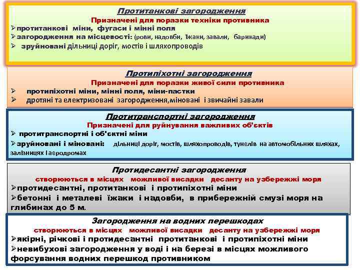Протитанкові загородження Призначені для поразки техніки противника Øпротитанкові міни, фугаси і мінні поля Øзагородження