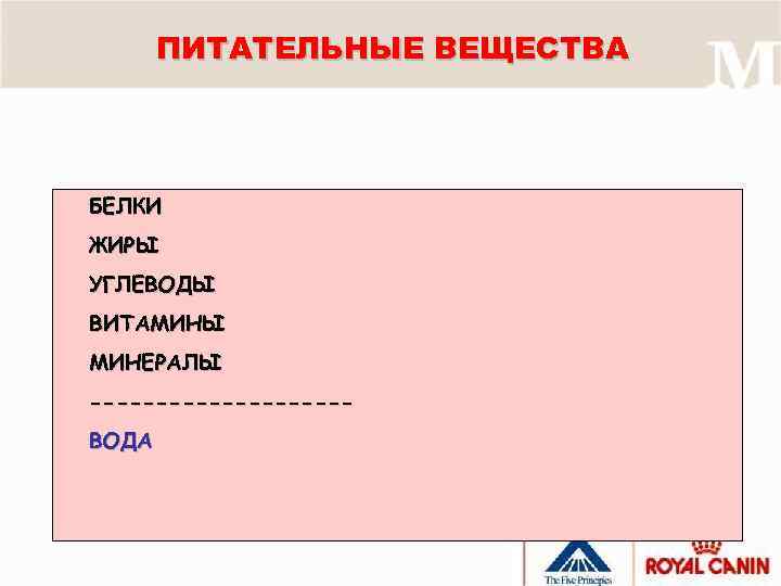 ПИТАТЕЛЬНЫЕ ВЕЩЕСТВА БЕЛКИ ЖИРЫ УГЛЕВОДЫ ВИТАМИНЫ МИНЕРАЛЫ ----------ВОДА 