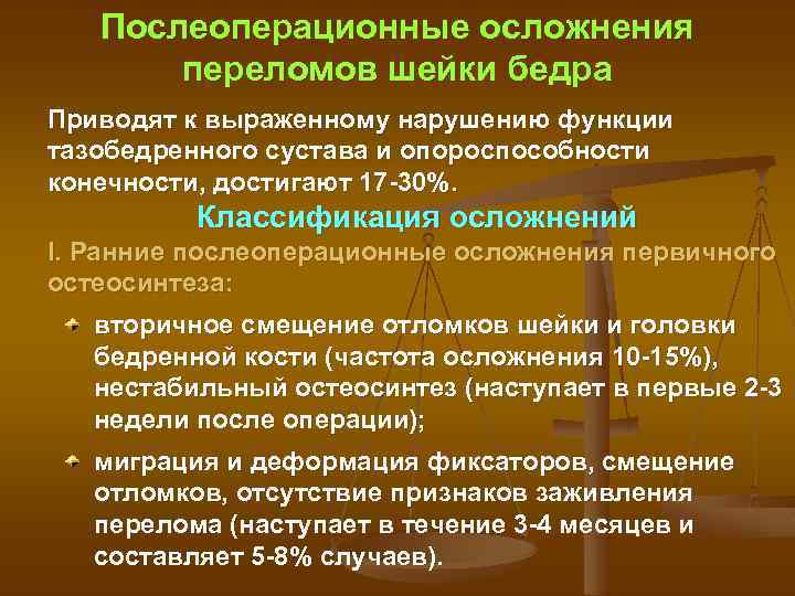 Послеоперационные осложнения переломов шейки бедра Приводят к выраженному нарушению функции тазобедренного сустава и опороспособности