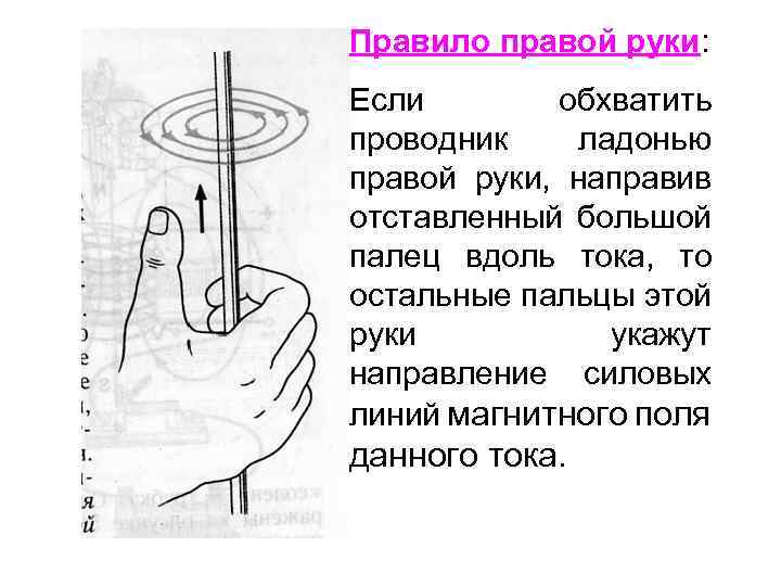 Правило правой руки: Если обхватить проводник ладонью правой руки, направив отставленный большой палец вдоль