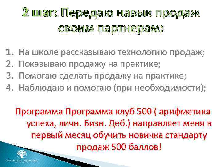 2 шаг: Передаю навык продаж своим партнерам: 1. 2. 3. 4. На школе рассказываю