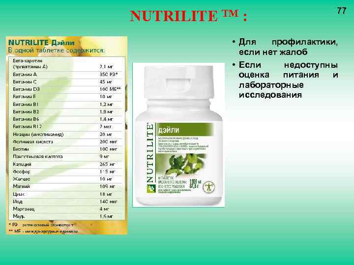 NUTRILITE TM : 77 • Для профилактики, если нет жалоб • Если недоступны оценка