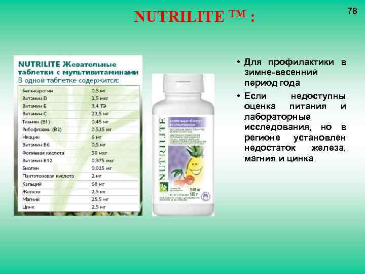 NUTRILITE TM : • Для профилактики в зимне-весенний период года • Если недоступны оценка