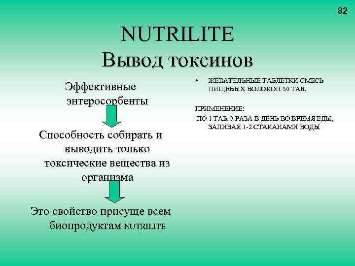82 NUTRILITE Вывод токсинов Эффективные энтеросорбенты Способность собирать и выводить только токсические вещества из