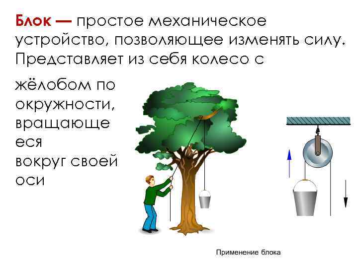 Блок — простое механическое устройство, позволяющее изменять силу. Представляет из себя колесо с жёлобом