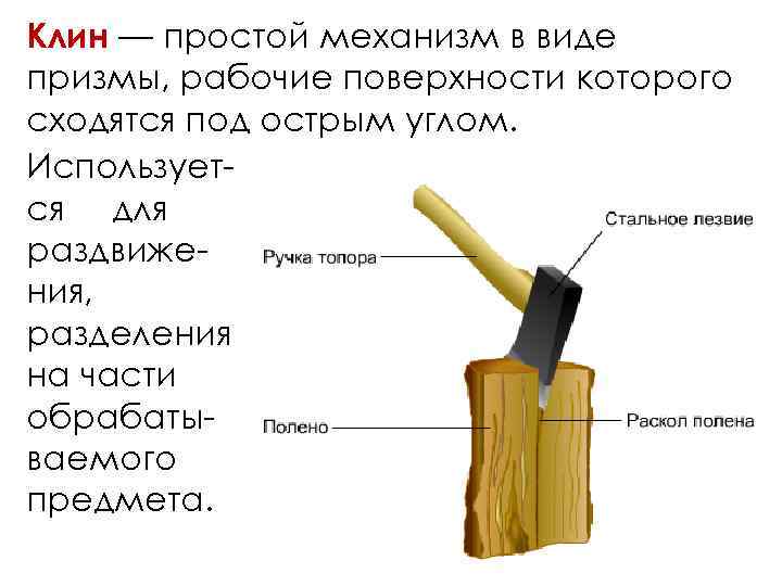 Клин — простой механизм в виде призмы, рабочие поверхности которого сходятся под острым углом.