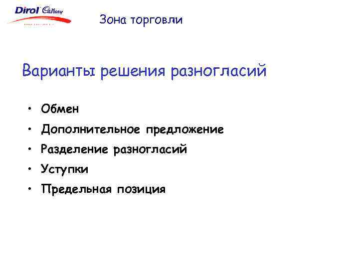 Зона торговли Варианты решения разногласий • Обмен • Дополнительное предложение • Разделение разногласий •