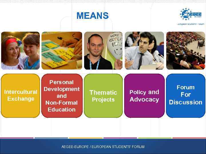 MEANS Intercultural Exchange Personal Development and Non-Formal Education Thematic Policy and Projects Advocacy AEGEE-EUROPE