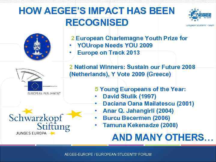 HOW AEGEE’S IMPACT HAS BEEN RECOGNISED 2 European Charlemagne Youth Prize for • YOUrope