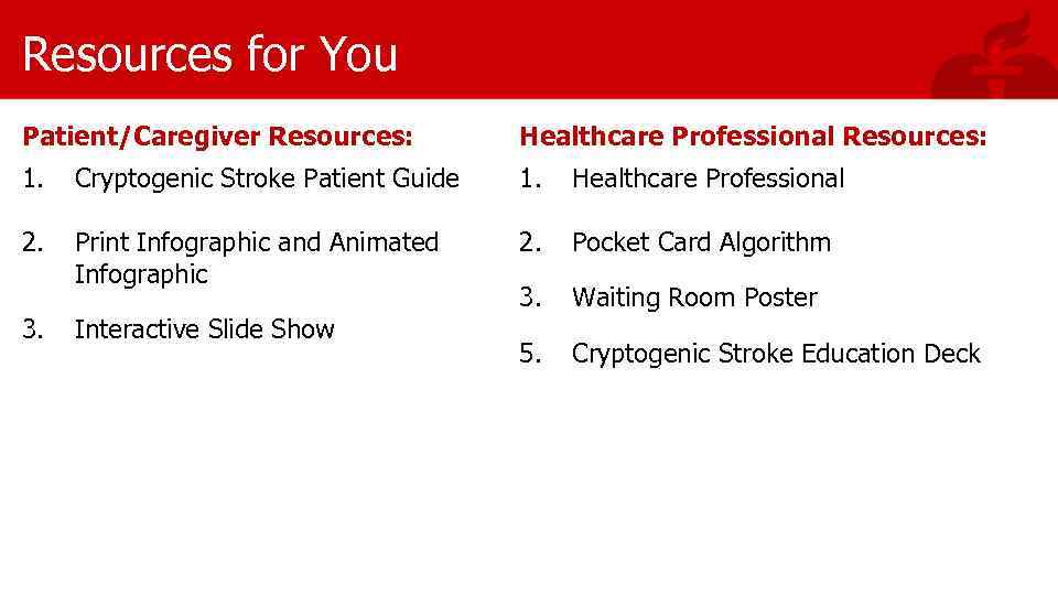 Resources for You Patient/Caregiver Resources: Healthcare Professional Resources: 1. Cryptogenic Stroke Patient Guide 1.