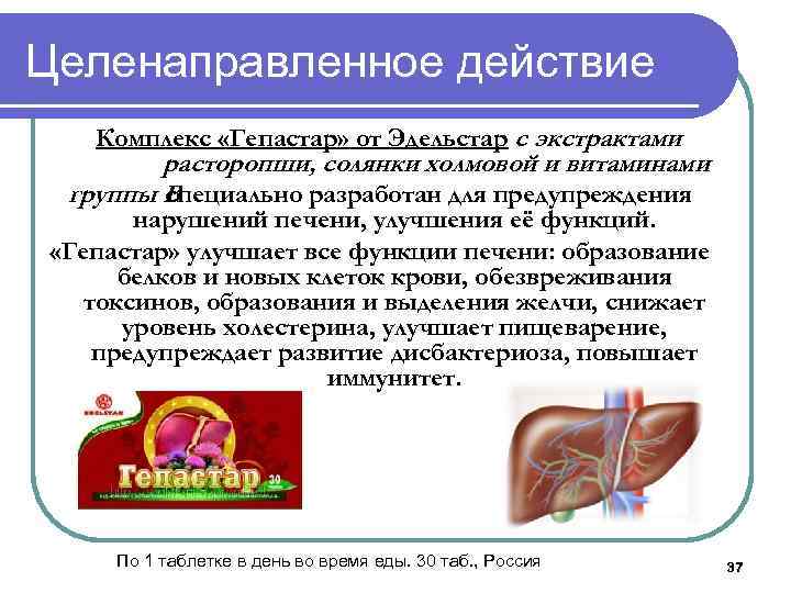 Целенаправленное действие Комплекс «Гепастар» от Эдельстар с экстрактами расторопши, солянки холмовой и витаминами группы