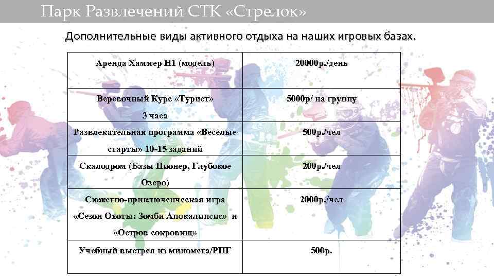 Парк Развлечений СТК «Стрелок» Дополнительные виды активного отдыха на наших игровых базах. Аренда Хаммер