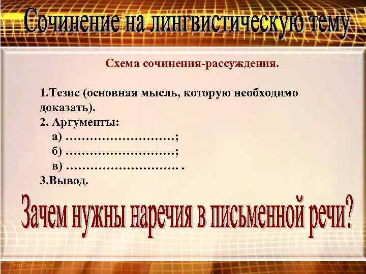 Схема сочинения-рассуждения. 1. Тезис (основная мысль, которую необходимо доказать). 2. Аргументы: а) ……………; б)