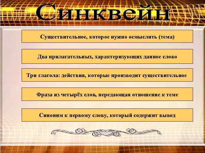Существительное, которое нужно осмыслить (тема) Два прилагательных, характеризующих данное слово Три глагола: действия, которые