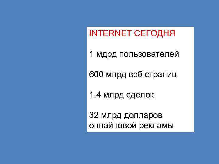 INTERNET СЕГОДНЯ 1 мдрд пользователей 600 млрд вэб страниц 1. 4 млрд сделок 32