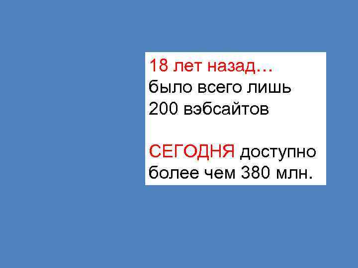 18 лет назад… было всего лишь 200 вэбсайтов СЕГОДНЯ доступно более чем 380 млн.