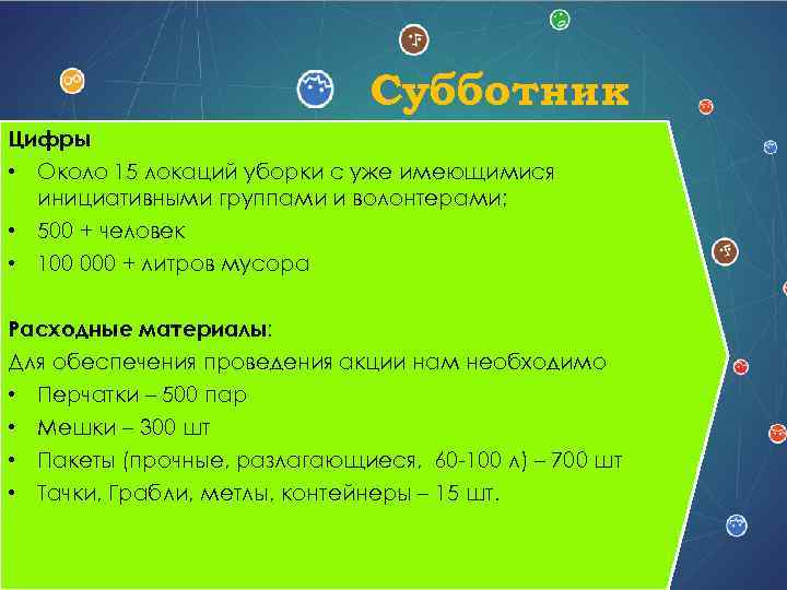 Субботник Цифры • Около 15 локаций уборки с уже имеющимися инициативными группами и волонтерами;