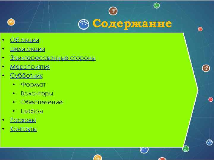 Содержание • • • Об акции Цели акции Заинтересованные стороны Мероприятия Субботник • Формат