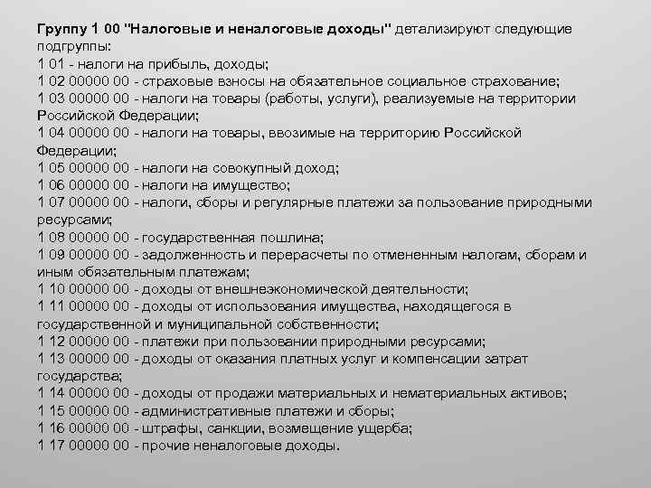 Группу 1 00 "Налоговые и неналоговые доходы" детализируют следующие подгруппы: 1 01 - налоги
