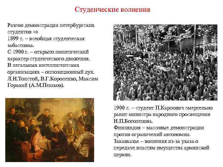 Студенческие волнения Разгон демонстрации петербургских студентов 1899 г. – всеобщая студенческая забастовка. С 1900