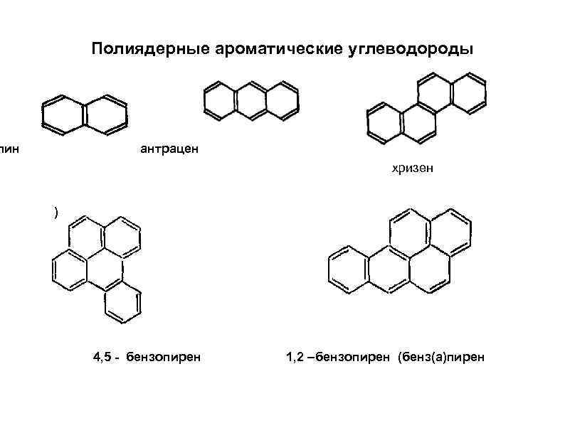 Полиядерные ароматические углеводороды лин антрацен хризен ) 4, 5 - бензопирен 1, 2 –бензопирен