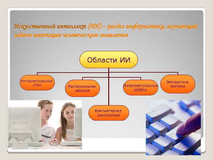 Искусственный интеллект (ИИ) – раздел информатики, изучающий задачи имитации человеческого мышления Области ИИ Интеллектуальные